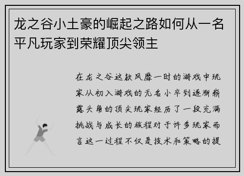 龙之谷小土豪的崛起之路如何从一名平凡玩家到荣耀顶尖领主
